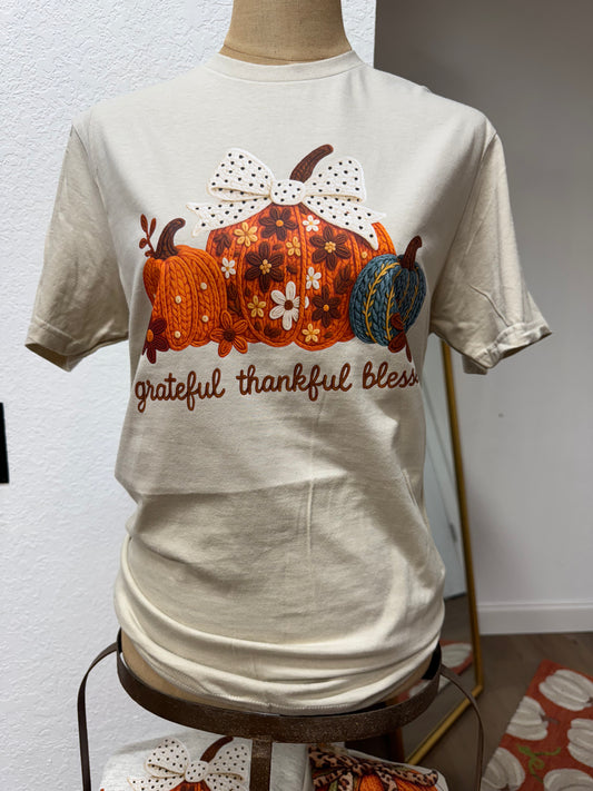 Grateful-Thankful-Blessed Faux Crochet Pumpkins (T-SHIRT)